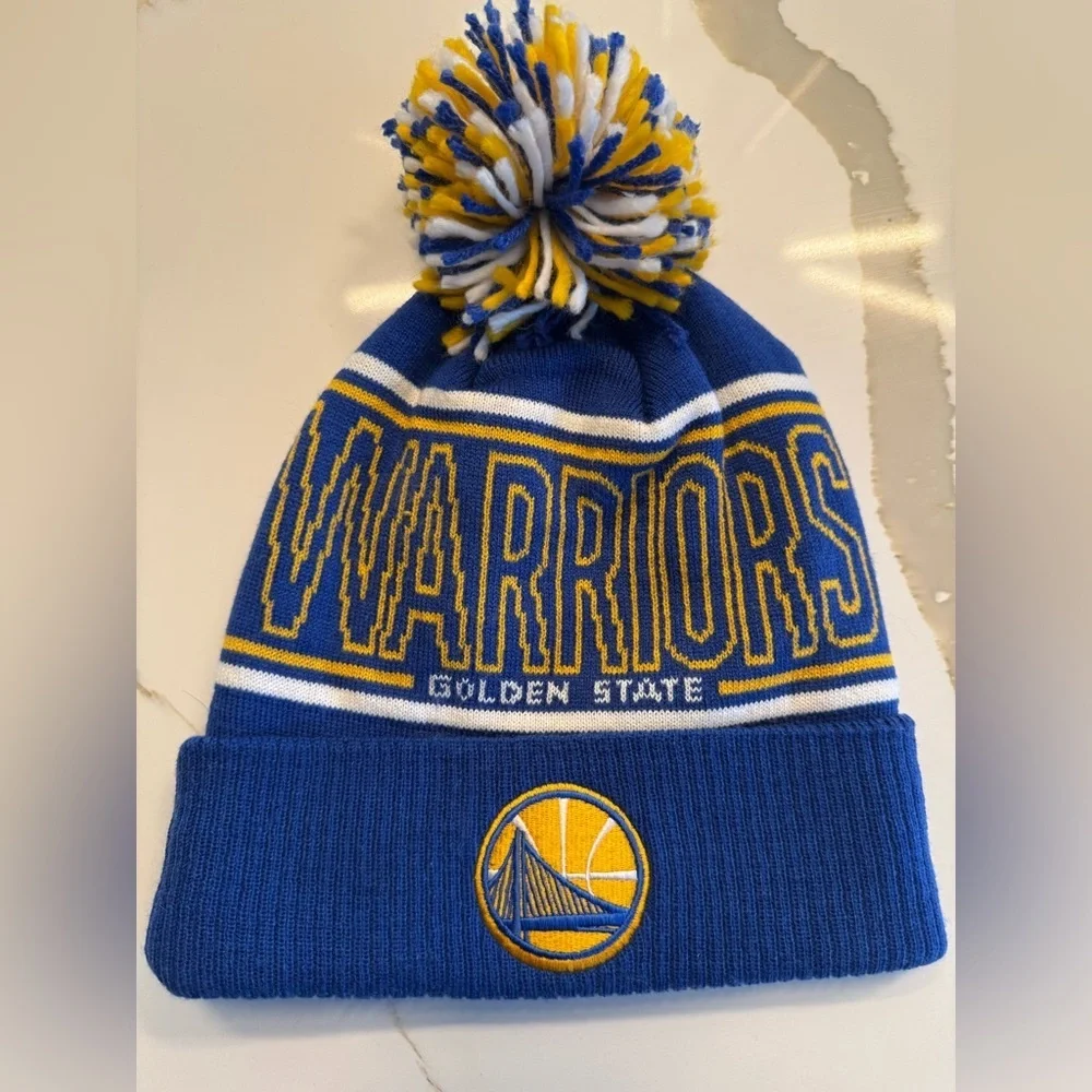 Adidas Golden State Warriors Beanie Pom Knit Hat NBA Blue Yellow OS
